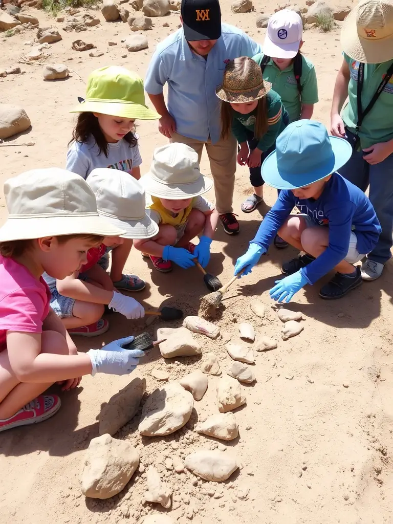 A photograph of children participating in a simulated archaeological dig, carefully brushing away soil to uncover replica artifacts, set in a sandy outdoor environment with educational staff supervising.