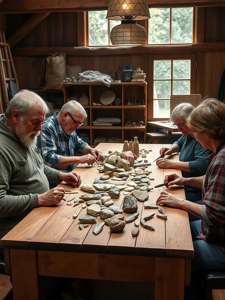 A group of adults participating in a flint knapping workshop, learning to create stone tools under the guidance of an experienced instructor, with various tools and materials displayed.