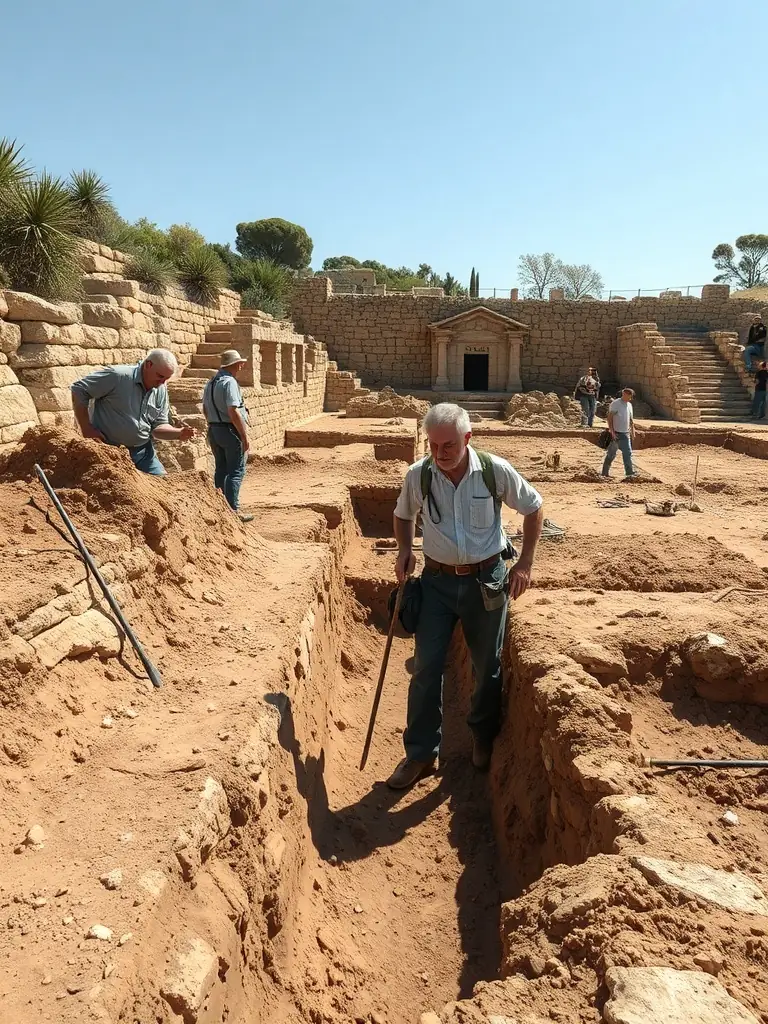 A group of volunteers carefully excavating a prehistoric site, uncovering artifacts and fossils, demonstrating hands-on learning and contribution to archaeological discovery.
