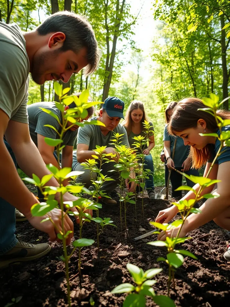 A group of people planting trees and restoring vegetation around an archaeological site, emphasizing the importance of environmental conservation and site preservation.