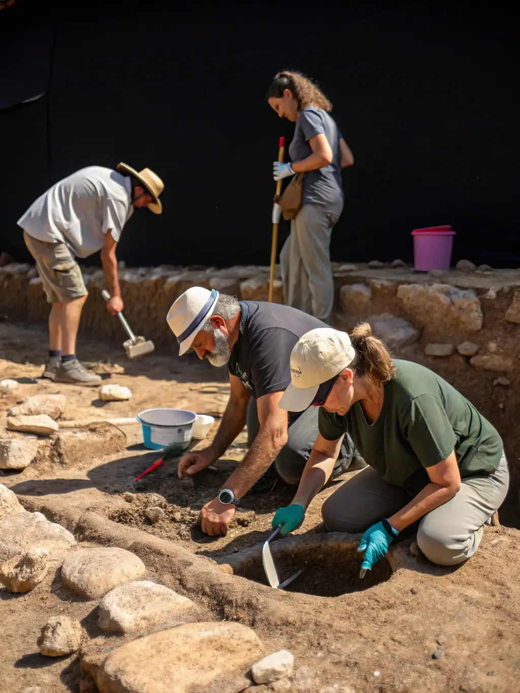 A group of volunteers working on the conservation of an archaeological site, carefully sifting through soil and documenting their findings under the supervision of an archaeologist.