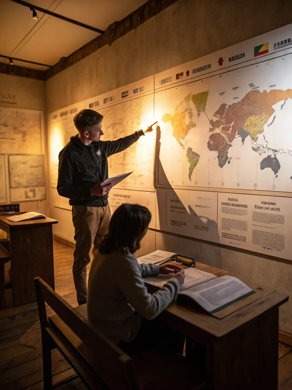 An image of a classroom setting where an educator is teaching about prehistoric art, showing examples of cave paintings and explaining the techniques used by early humans.