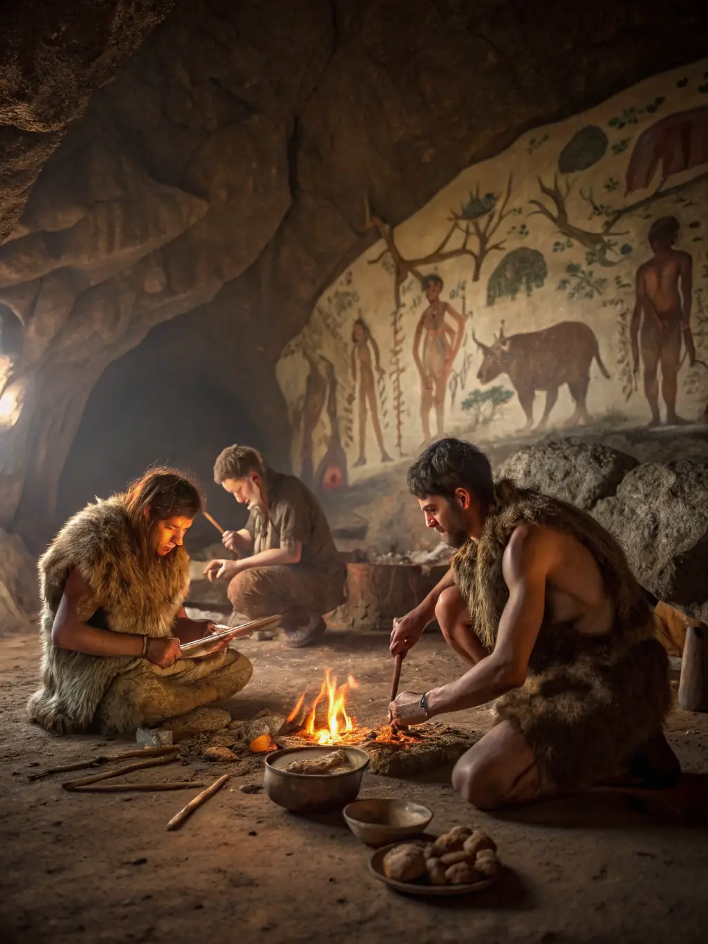 A family participating in a guided tour of a prehistoric cave, with a knowledgeable guide explaining the significance of the cave paintings and geological formations.